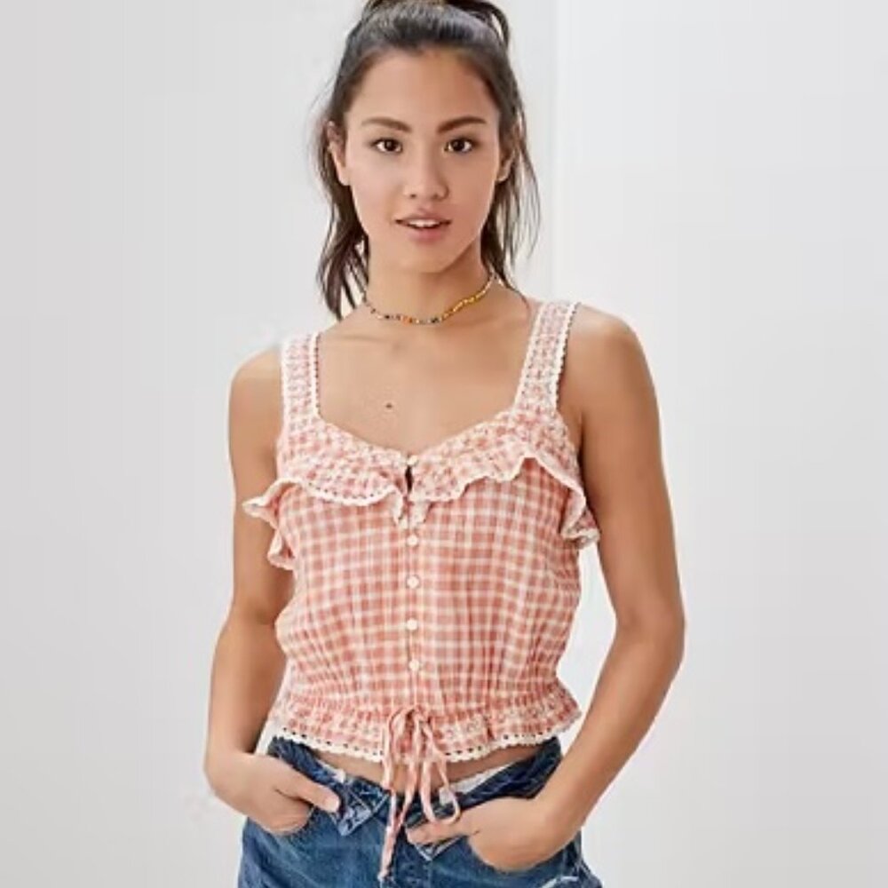 Crop Ruffle Blouse - Peach and White Gingham - AEO